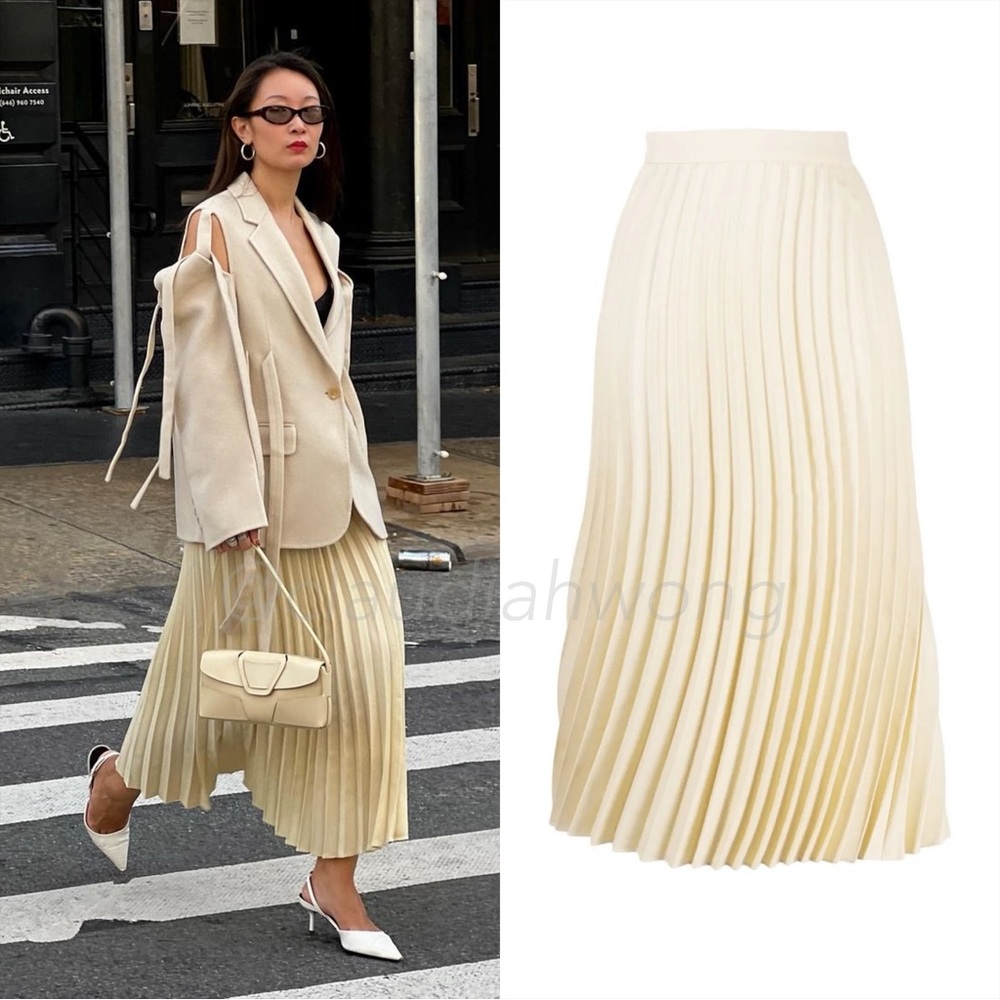 JNBY Curved Pleat Midi Skirt in Butter Yellow